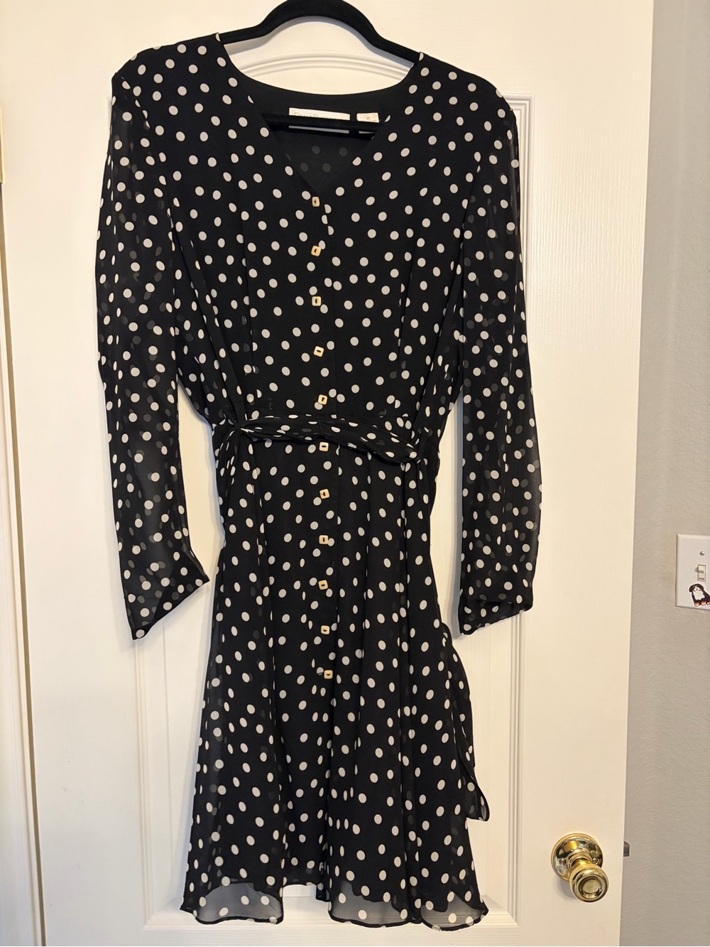 Dana Buchman Black and White Polka Dot Long Sleeve Wrap-Style Dress